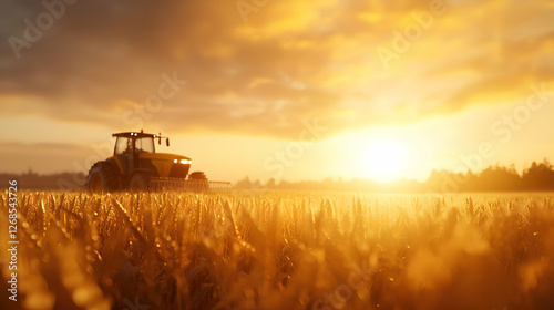 Tractor in Golden Wheat Field at Sunset
