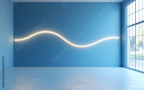 Abstract background with a blue wall and white floor, light from the window, a neon line light on the wall, and a minimalistic interior design of a modern home or office space