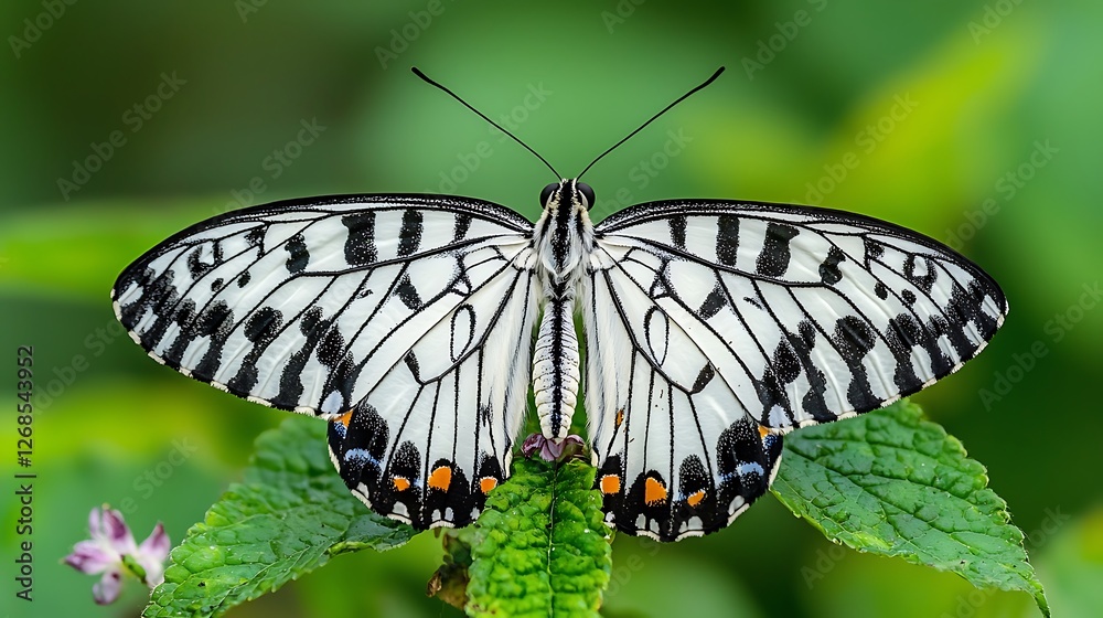 Black and white butterfly resting on leaf, garden, blurred background, nature print Black and white butterfly resting on leaf, garden, blurred background, nature print
