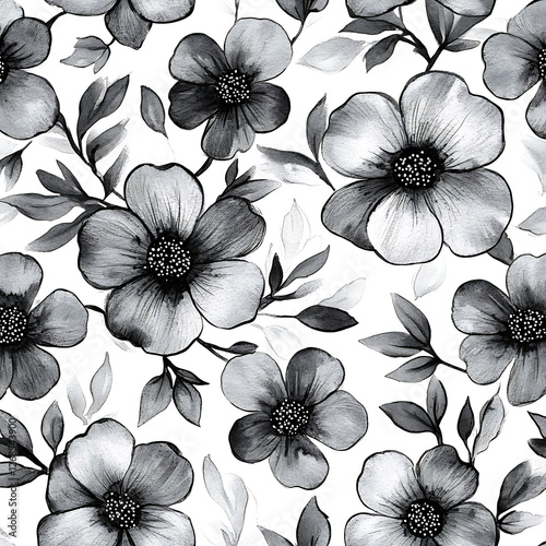 Floral seamless pattern design. Spring flowers and leaves. Cute hand drawn vector illustration. Black elements on white background.