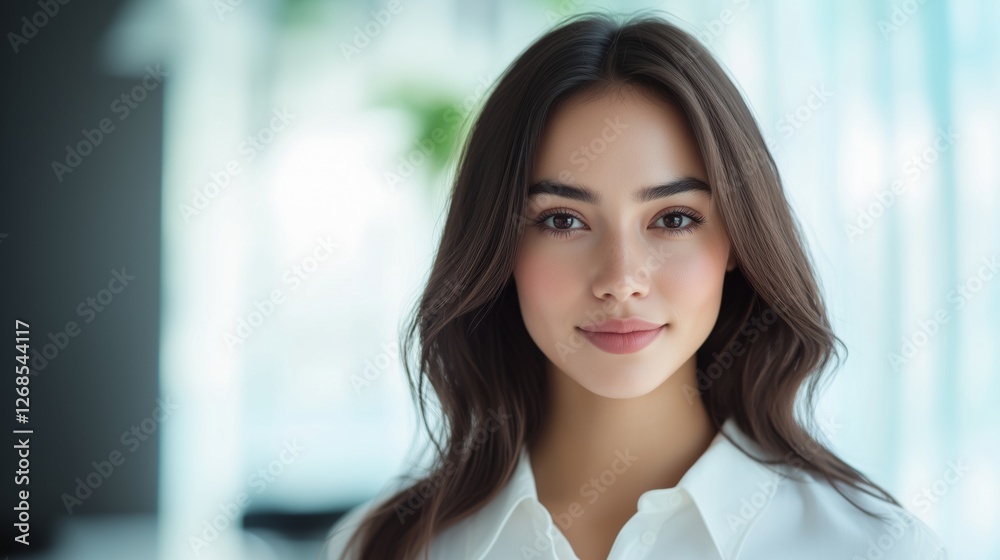 Close-up of empowered young woman in modern office setting Close-up of empowered young woman in modern office setting