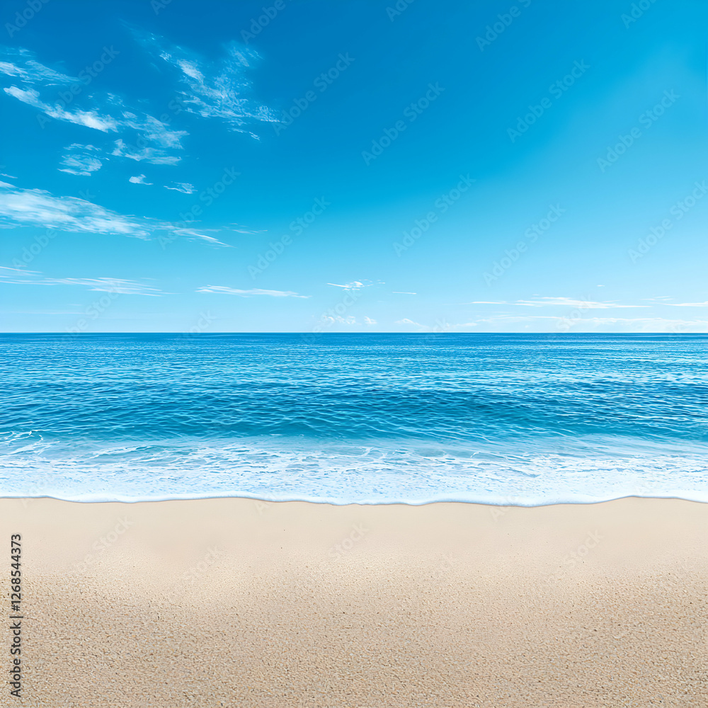 Tranquil Beach Scene: Blue Ocean, Sandy Shore, Sunny Sky Tranquil Beach Scene: Blue Ocean, Sandy Shore, Sunny Sky