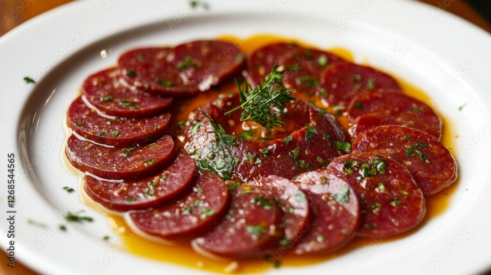 A creative composition of sliced sausages arranged in a spiral on a white plate, garnished with herbs, showcasing the delicious textures and colors of the dish A creative composition of sliced sausages arranged in a spiral on a white plate, garnished with herbs, showcasing the delicious textures and colors of the dish