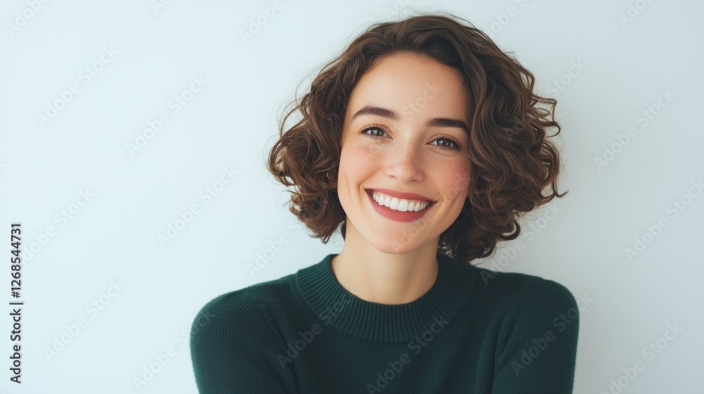 Obraz premium Joyful young woman smiling indoor setting portrait photography bright mood