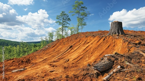 A deforested hillside with barren, dry soil and a few remaining stumps, showing the environmental degradation linked to global warming