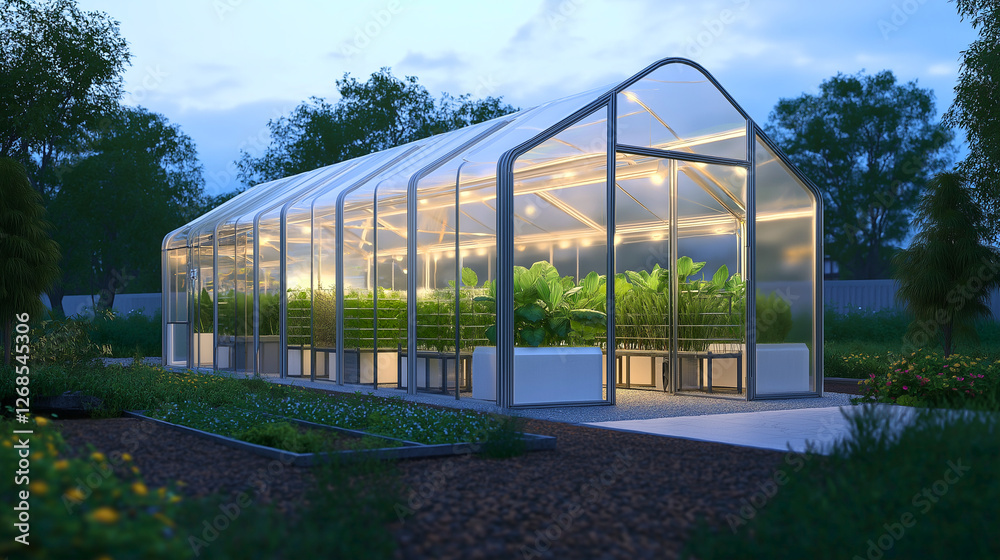 Fototapeta premium Scalable Modular Greenhouse with Interconnected Units and Transparent Polycarbonate Panels.