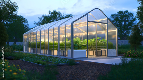 Scalable Modular Greenhouse with Interconnected Units and Transparent Polycarbonate Panels.