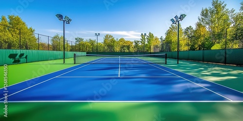 Wallpaper Mural A vibrant blue and green pickleball court with a net, surrounded by trees under a clear sky. Torontodigital.ca