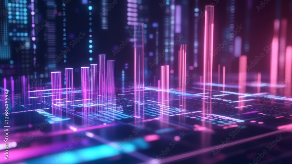 A dynamic D bar chart with translucent bars in different heights, hovering over a futuristic financial dashboard with glowing elements A dynamic D bar chart with translucent bars in different heights, hovering over a futuristic financial dashboard with glowing elements