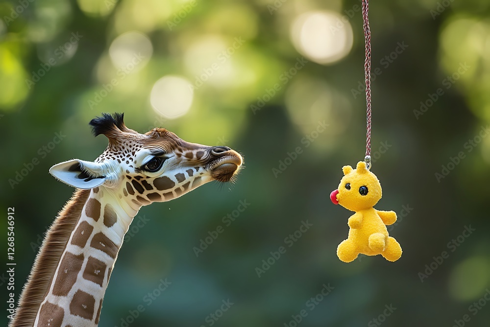Fototapeta premium a baby giraffe in playing with toy