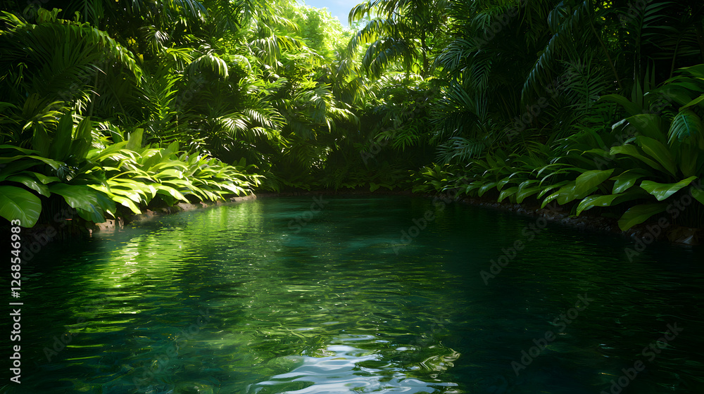 Obraz premium Tranquil Green Jungle River With Lush Vegetation