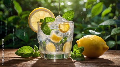 A refreshing cocktail with lime and mint served over ice in a glass, featuring a citrusy mojito blend, perfect for a healthy summer drink photo