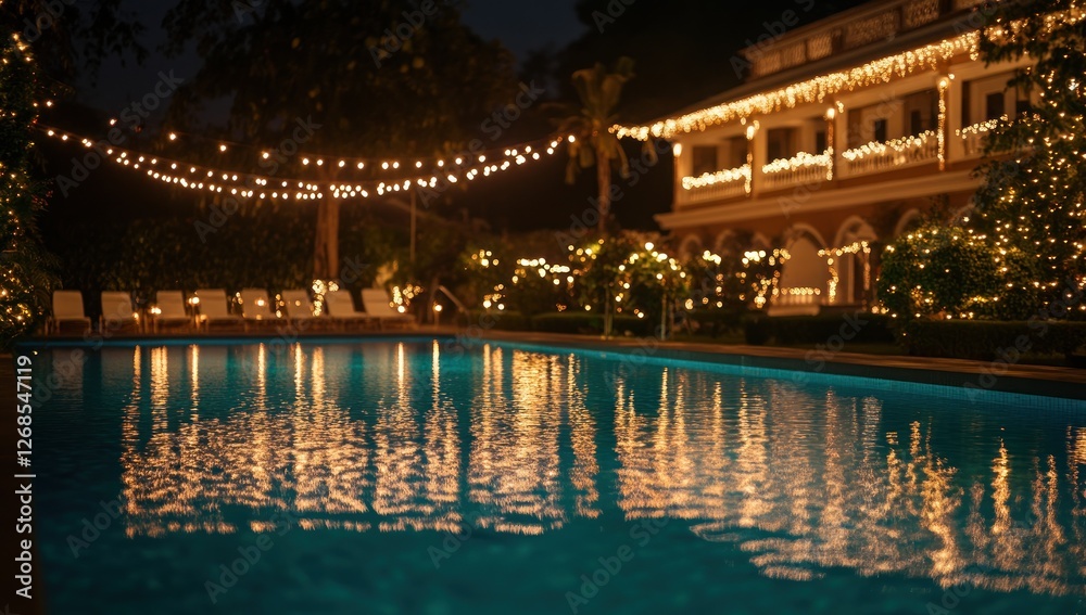 Fototapeta premium Nighttime Poolside Elegance: Festive Lights Reflecting on Tranquil Waters
