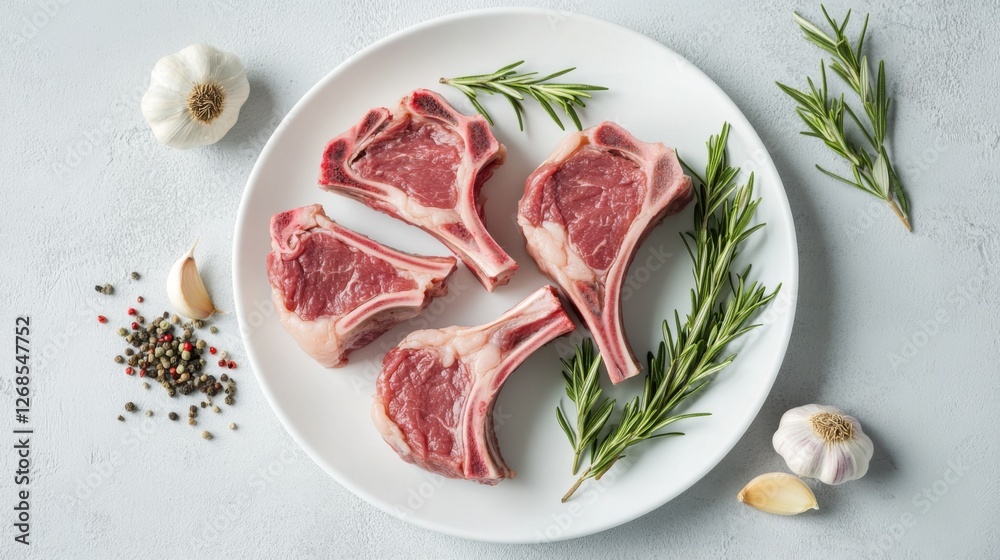 A high-angle shot of raw lamb chops arranged on a clean white plate, with rosemary sprigs and garlic cloves adding a touch of natural decoration A high-angle shot of raw lamb chops arranged on a clean white plate, with rosemary sprigs and garlic cloves adding a touch of natural decoration