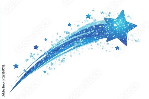 Blue shooting star trail, sparkles, white background, design element