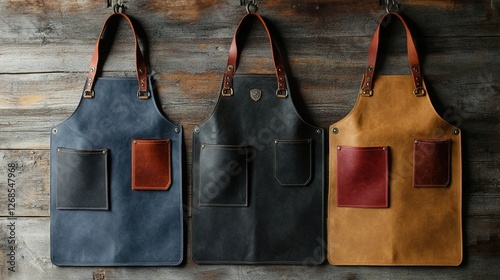  Three different-colored leather aprons with canvas backs photo