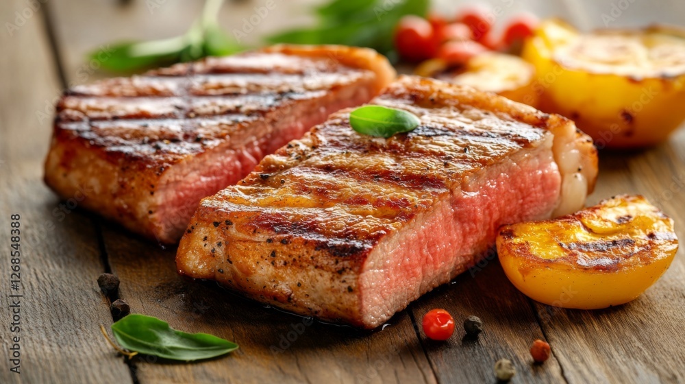 A juicy, perfectly cooked steak sliced into pieces, with grill marks and a pink center visible, placed on a simple wooden surface A juicy, perfectly cooked steak sliced into pieces, with grill marks and a pink center visible, placed on a simple wooden surface