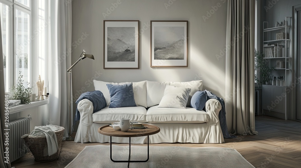 Fototapeta premium Two symmetrical picture frames with romantic artwork placed side by side on a living room wall