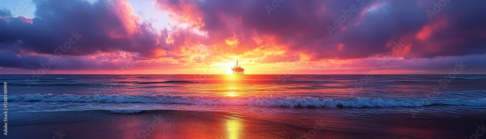 Fototapeta premium Majestic offshore oil rig silhouette at dusk