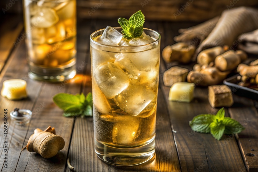 Iced tea with mint garnish on rustic table refreshing summer drink Iced tea with mint garnish on rustic table refreshing summer drink