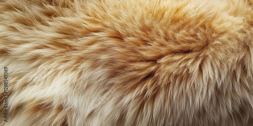 Close-up of the texture and pattern on a golden-brown sheepskin rug, showcasing its softness and warmth, with space for text or product display. photo