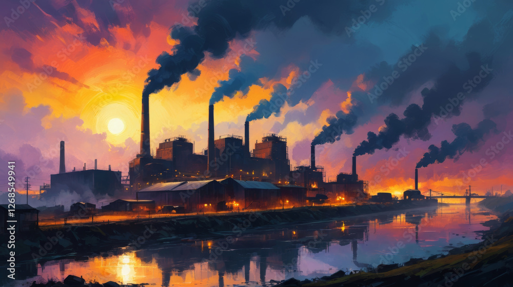 Fototapeta premium Dramatic industrial scene depicting pollution and smoke during sunset, highlighting planet conservation and ecological challenges