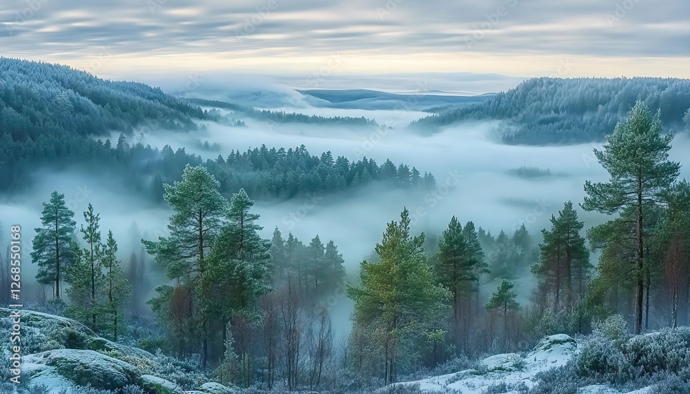 Beautiful aerial view of a misty pine forest in winter with foggy hills, a stunning landscape, forest trees in the background Beautiful aerial view of a misty pine forest in winter with foggy hills, a stunning landscape, forest trees in the background
