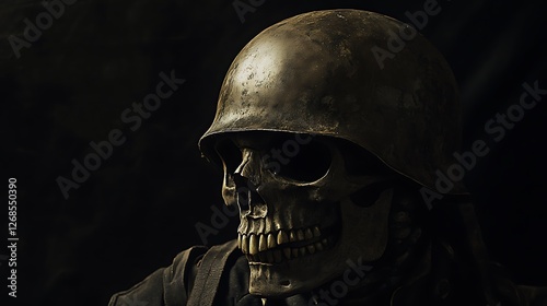 Silent sentinel, Grim skull soldier in vintage war helmet starkly lit