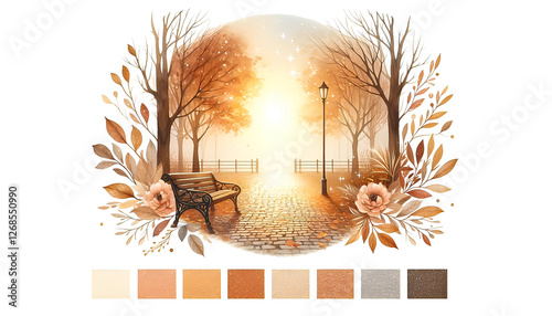 Scenic autumn park with a wooden bench, a cobblestone path, and trees shedding their leaves. Watercolor clipart illustration isolated on a white background