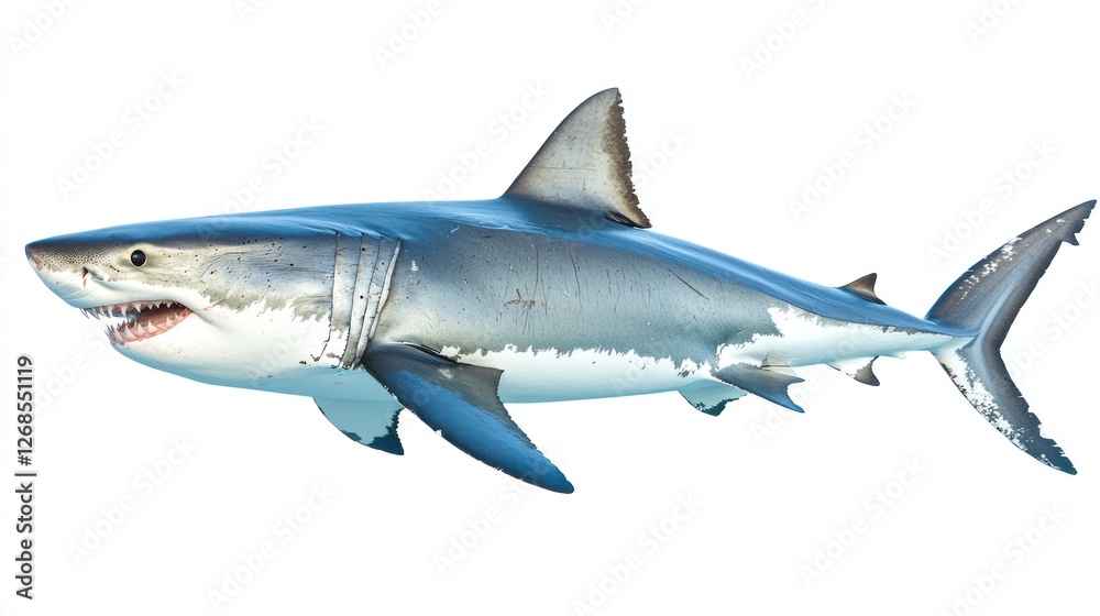 Naklejka premium A large great white shark, isolated on a white background, swimming to the right.