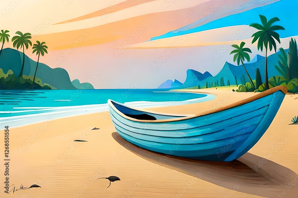 Obraz premium Sunny tropical beach with palm trees, coconut trees, and a boat, perfect for a relaxing vacation by the ocean