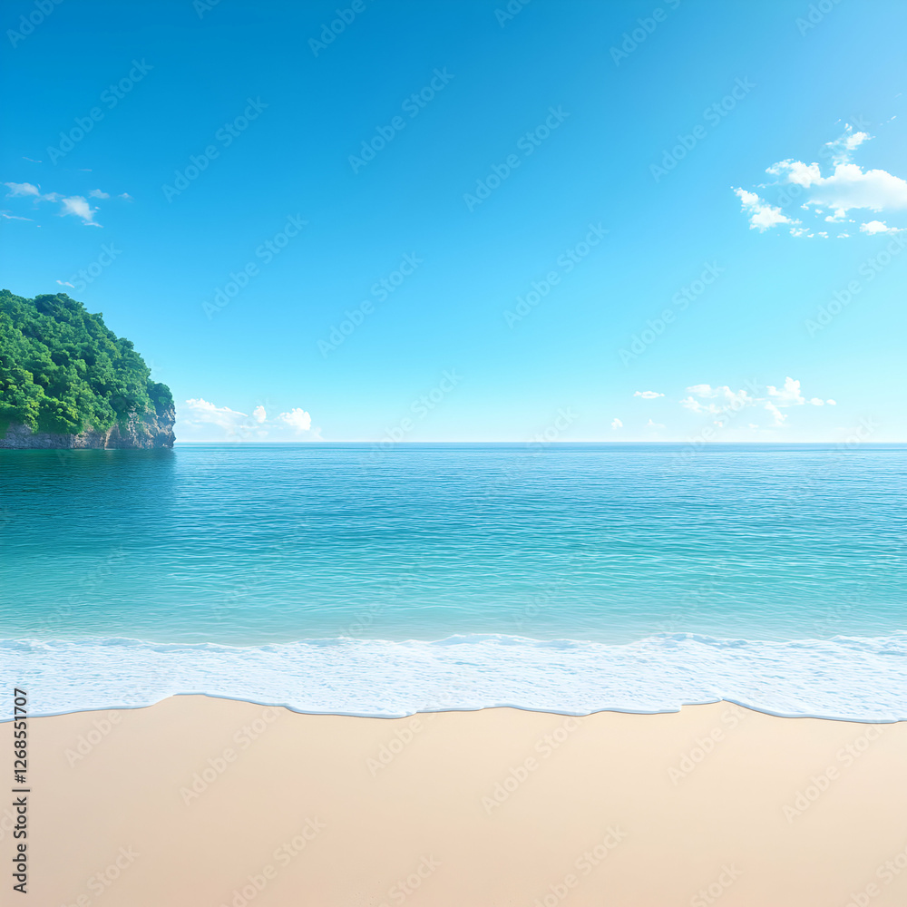 Tranquil Tropical Beach Scene with Blue Ocean and Lush Island Tranquil Tropical Beach Scene with Blue Ocean and Lush Island