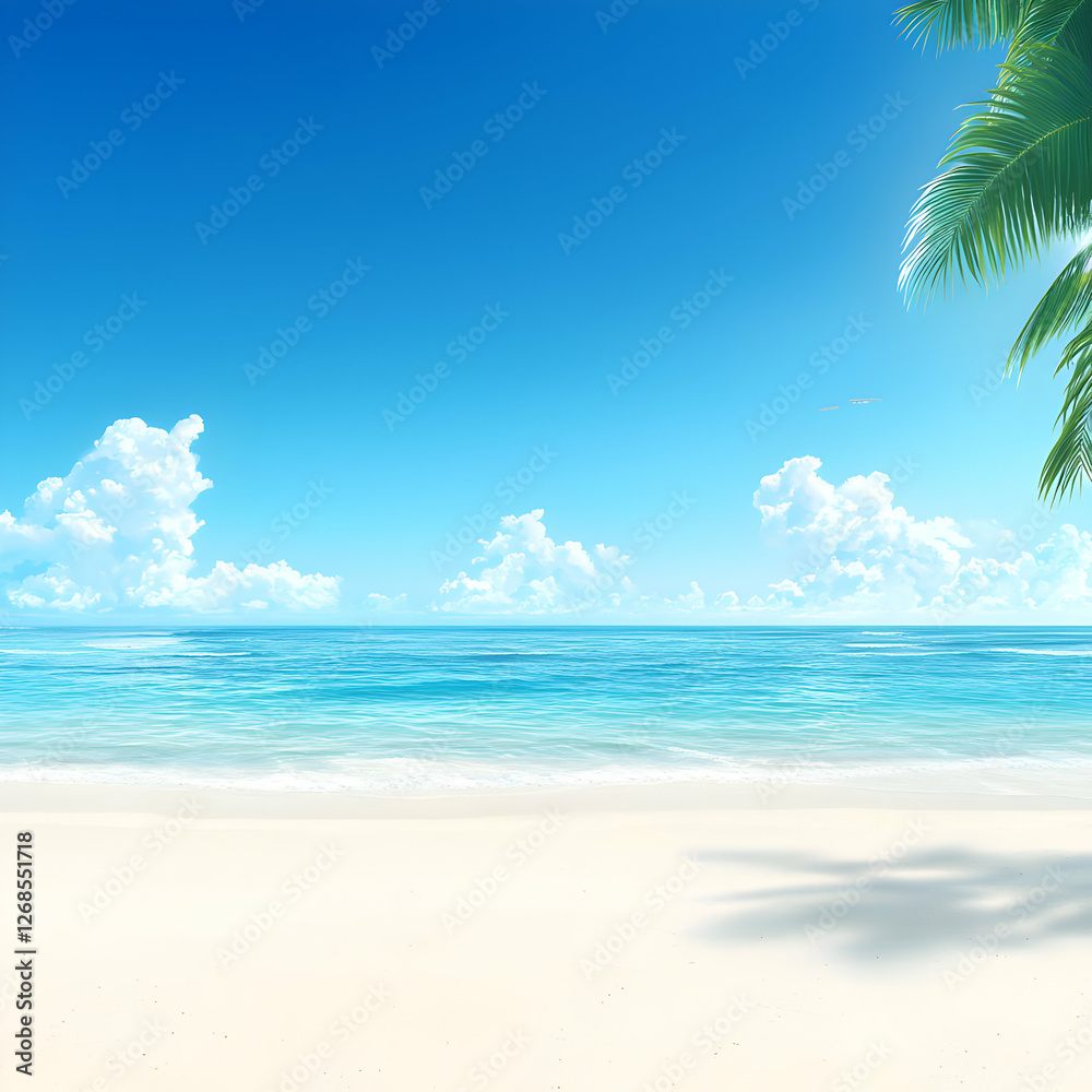 Obraz premium Tranquil Tropical Beach Scene with Blue Ocean and Palm Tree