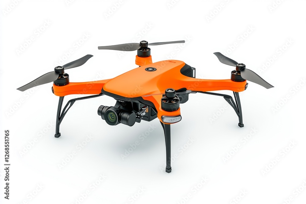 Orange drone studio shot, hovering, white background, aerial photography Orange drone studio shot, hovering, white background, aerial photography