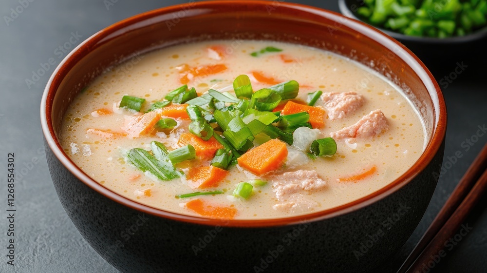 Creamy Salmon Rice Soup in Bowl, Asian Style Creamy Salmon Rice Soup in Bowl, Asian Style