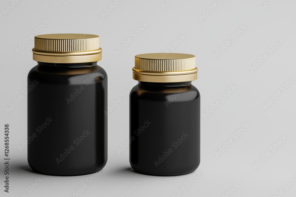 Product showcase black bottles with golden lids minimalist studio photography calm environment close-up angle Product showcase black bottles with golden lids minimalist studio photography calm environment close-up angle