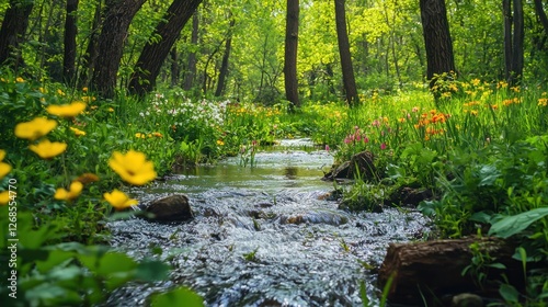 A vibrant spring nature scene with a flowing stream, flowers blooming, and birds singing in the trees