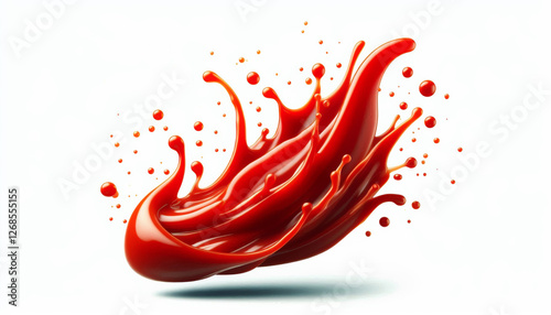 Fresh red ketchup splashes floating in the air on a white background.