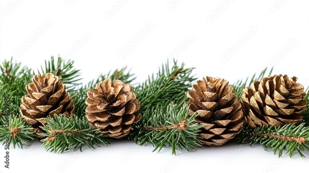 Gold pine cones and evergreen boughs on white Gold pine cones and evergreen boughs on white