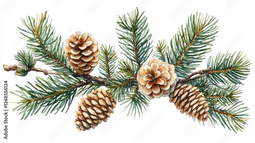 Watercolor Painting of Pine Branch with Cones Watercolor Painting of Pine Branch with Cones