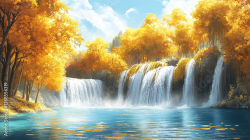 Golden autumn waterfall, serene pool, forest background; nature scene