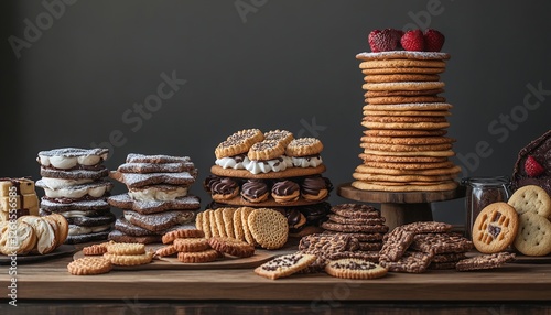 A variety of cookies and thousands of different types of sandwich cookies stacked up against each other, on a wooden background photo