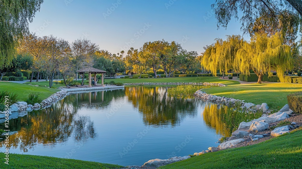 Serene Lakeside Park with Gazebo and Lush Greenery Serene Lakeside Park with Gazebo and Lush Greenery