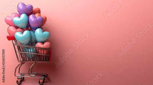 Pastel heart balloons overflow a tiny shopping cart against a soft pink background. AI Generated