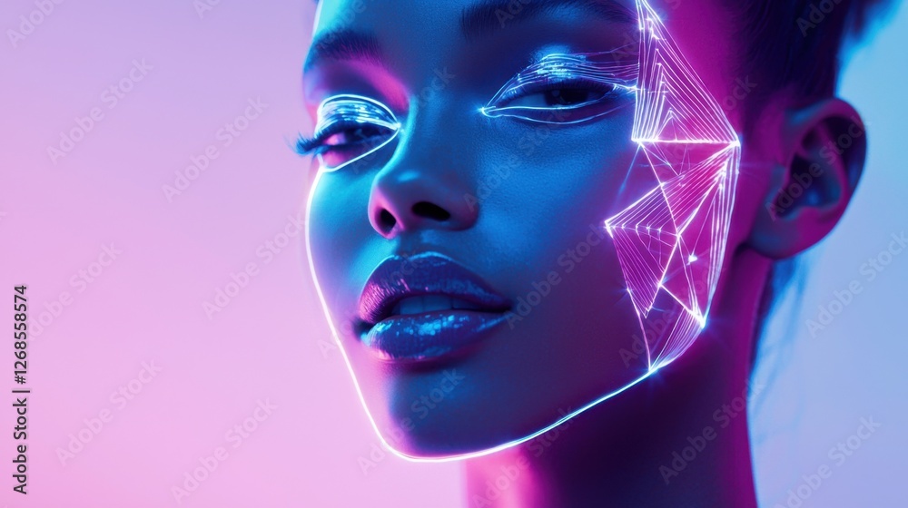 A model displays intricate glowing facial art with neon effects, surrounded by a dramatic background that enhances the urban aesthetic. The captivating light creates an ethereal atmosphere A model displays intricate glowing facial art with neon effects, surrounded by a dramatic background that enhances the urban aesthetic. The captivating light creates an ethereal atmosphere