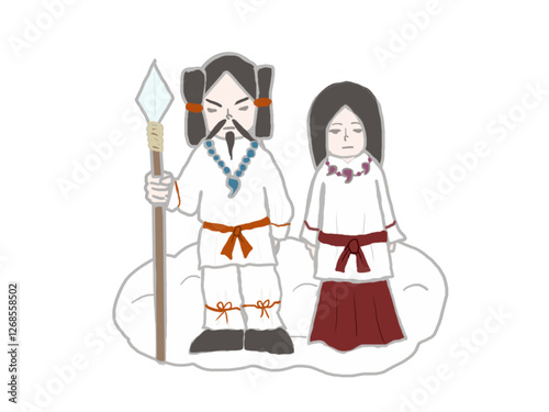 Izanami and Izanagi, the couple gods in Japanese mythology, standing together on the clouds photo