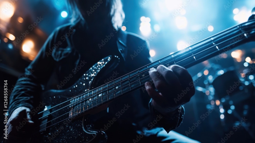 Obraz premium Musician playing bass guitar on stage during concert