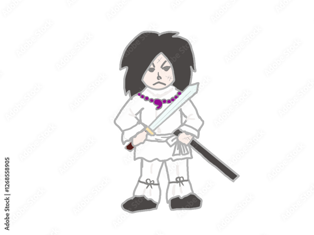 A male god named Susanoo no Mikoto from Japanese mythology stands bravely holding a sword. A male god named Susanoo no Mikoto from Japanese mythology stands bravely holding a sword.