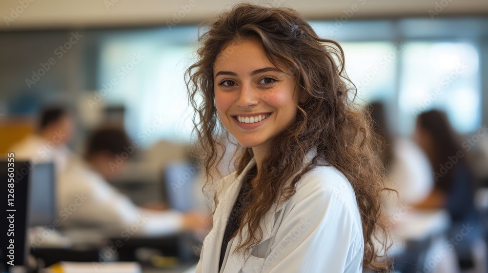 A young woman with curly hair, wearing a white lab coat, smiles confidently at the camera. Her warm gaze suggests a passion for her profession and a dedication to her field A young woman with curly hair, wearing a white lab coat, smiles confidently at the camera. Her warm gaze suggests a passion for her profession and a dedication to her field