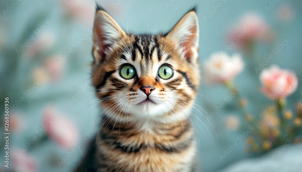 Adorable Tabby Kitten Portrait with Green Eyes and Floral Background Adorable Tabby Kitten Portrait with Green Eyes and Floral Background